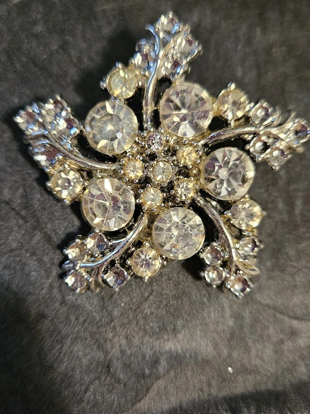 Vintage Silver-Tone Starburst Brooch with Clear Crystals & Matching Clip Earring